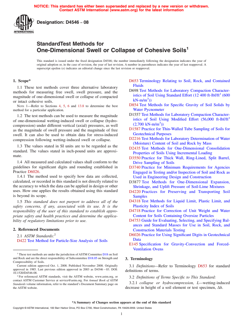 ASTM D4546-08 - Standard Test Methods for One-Dimensional Swell or Collapse of Cohesive Soils