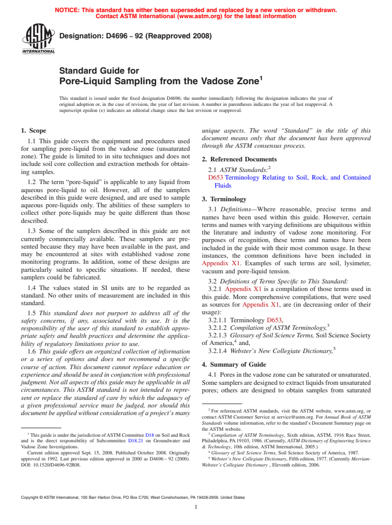 ASTM D4696-92(2008) - Standard Guide for Pore-Liquid Sampling from the Vadose Zone (Withdrawn 2017)