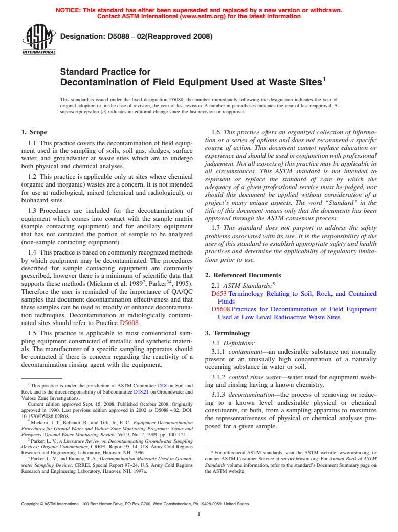 ASTM D5088-02(2008) - Standard Practice for Decontamination of Field Equipment Used at Waste Sites