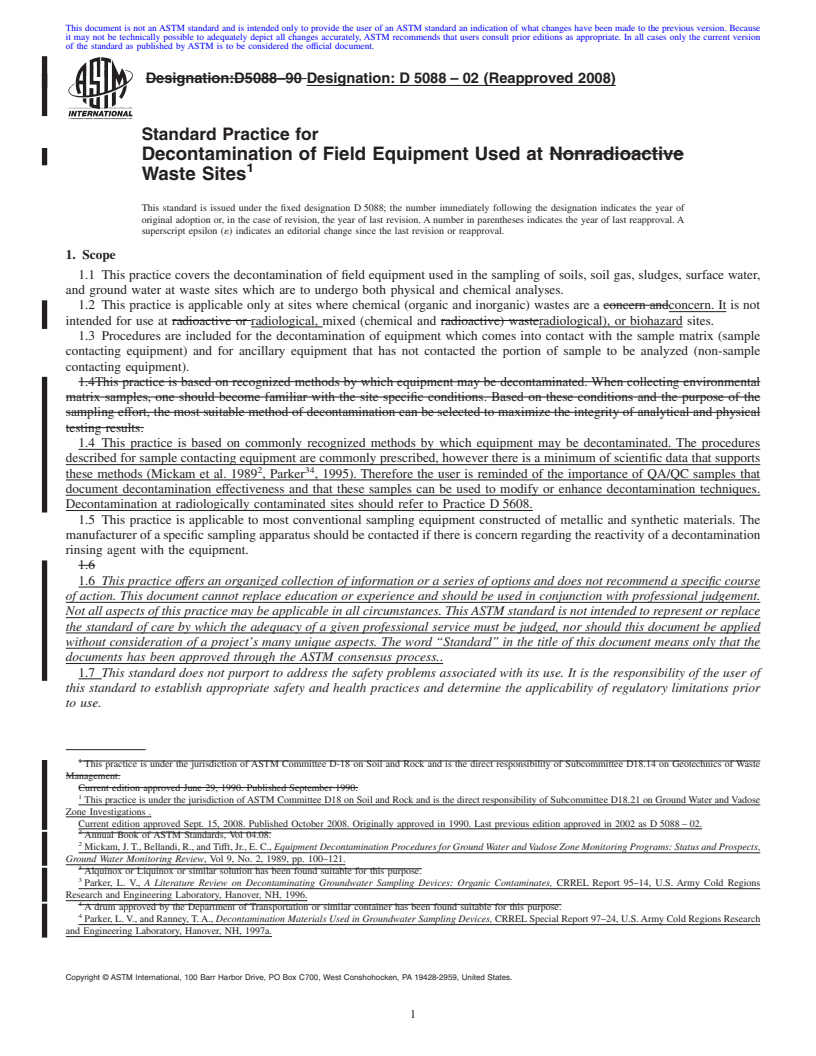 REDLINE ASTM D5088-02(2008) - Standard Practice for Decontamination of Field Equipment Used at Waste Sites