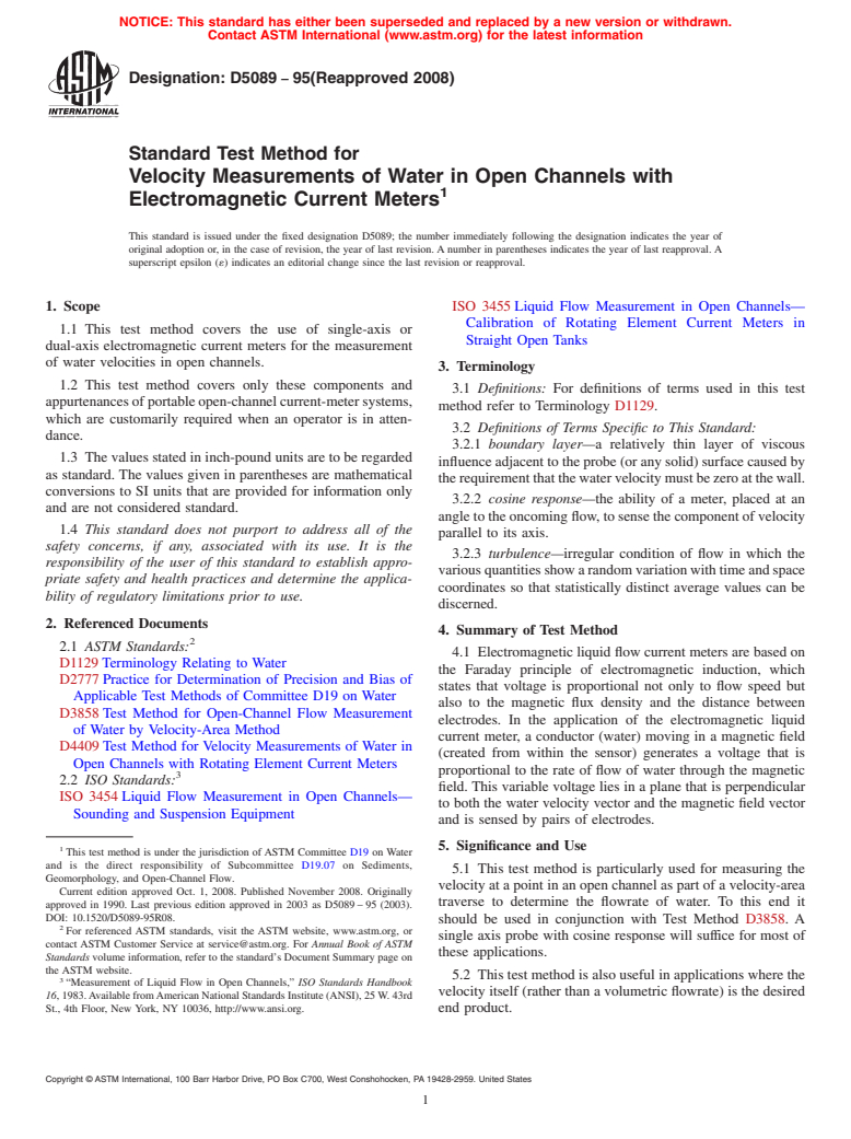 ASTM D5089-95(2008) - Standard Test Method for Velocity Measurements of Water in Open Channels with Electromagnetic Current Meters