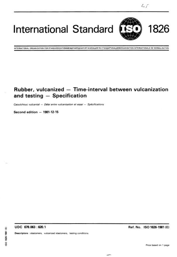 ISO 1826:1981 - Rubber, vulcanized -- Time-interval between vulcanization and testing -- Specification