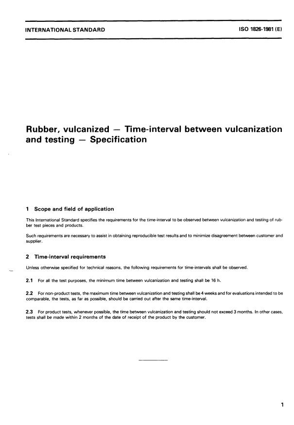 ISO 1826:1981 - Rubber, vulcanized -- Time-interval between vulcanization and testing -- Specification