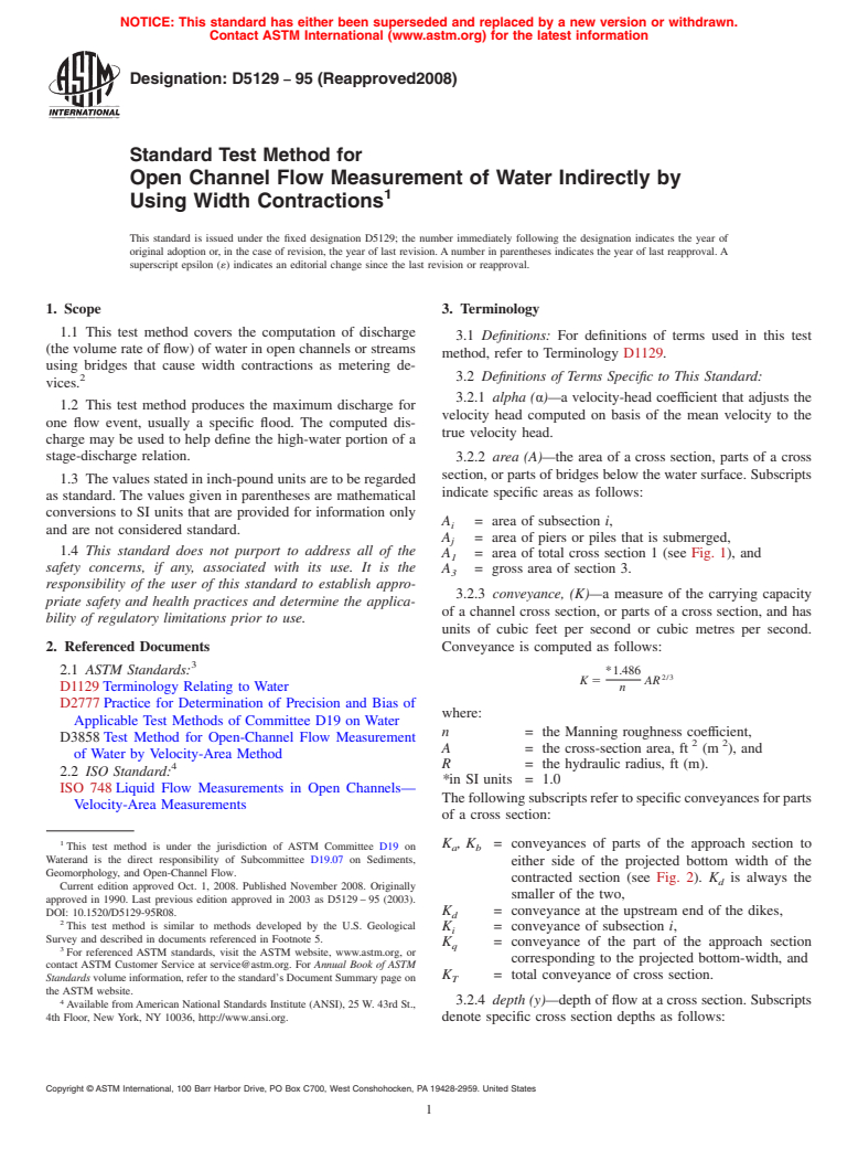 ASTM D5129-95(2008) - Standard Test Method for Open Channel Flow Measurement of Water Indirectly by Using Width Contractions