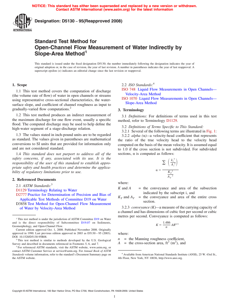 ASTM D5130-95(2008) - Standard Test Method for Open-Channel Flow Measurement of Water Indirectly by Slope-Area Method