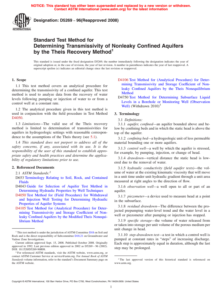 ASTM D5269-96(2008) - Standard Test Method for Determining Transmissivity of Nonleaky Confined Aquifers by the Theis Recovery Method