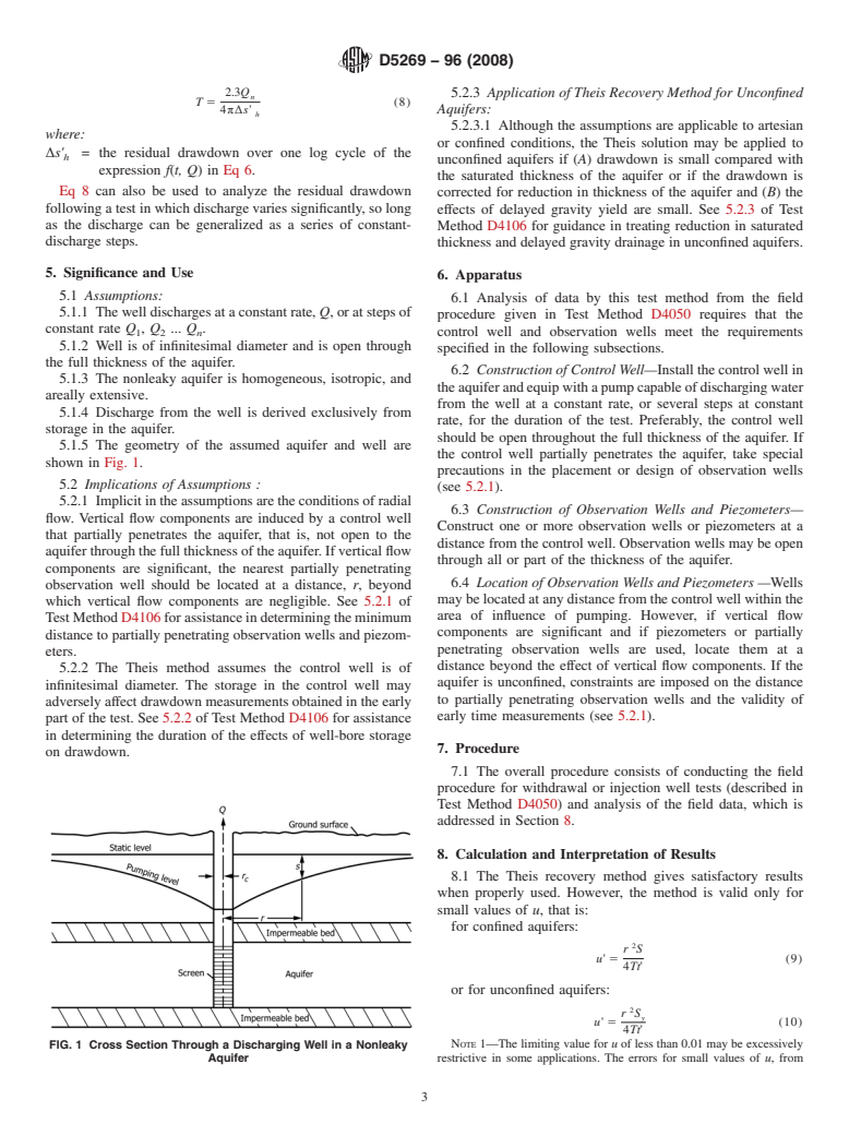 ASTM D5269-96(2008) - Standard Test Method for Determining Transmissivity of Nonleaky Confined Aquifers by the Theis Recovery Method