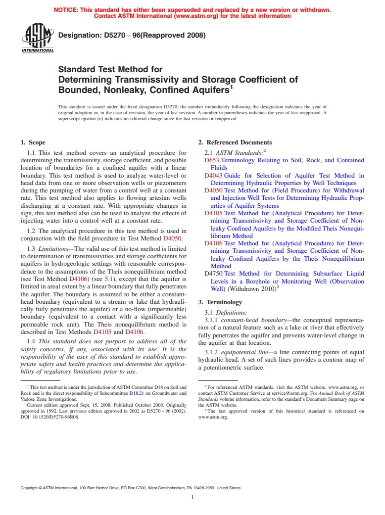 ASTM D5270-96(2008) - Standard Test Method for Determining Transmissivity and Storage Coefficient of Bounded, Nonleaky, Confined Aquifers