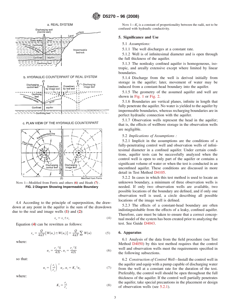 ASTM D5270-96(2008) - Standard Test Method for Determining Transmissivity and Storage Coefficient of Bounded, Nonleaky, Confined Aquifers