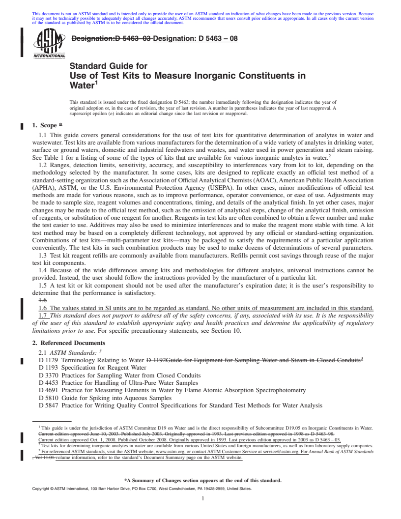 REDLINE ASTM D5463-08 - Standard Guide for Use of Test Kits to Measure Inorganic Constituents in Water