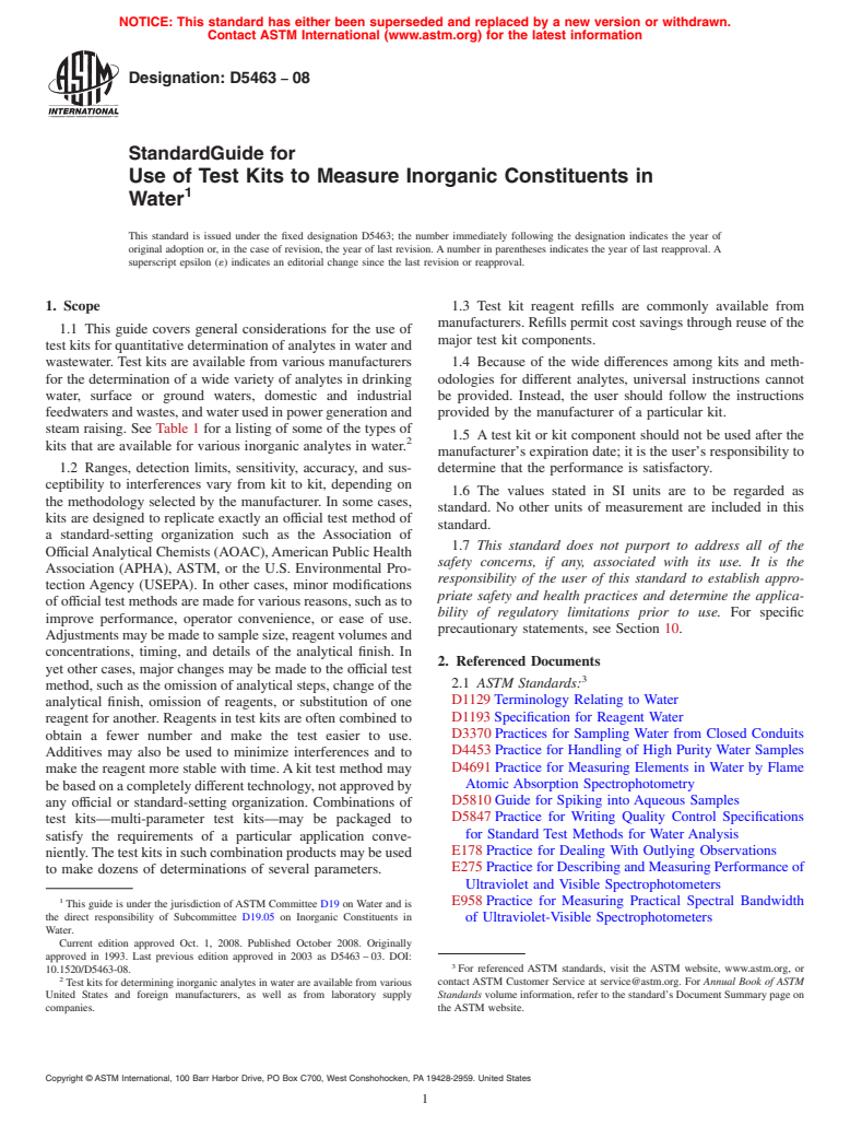 ASTM D5463-08 - Standard Guide for Use of Test Kits to Measure Inorganic Constituents in Water