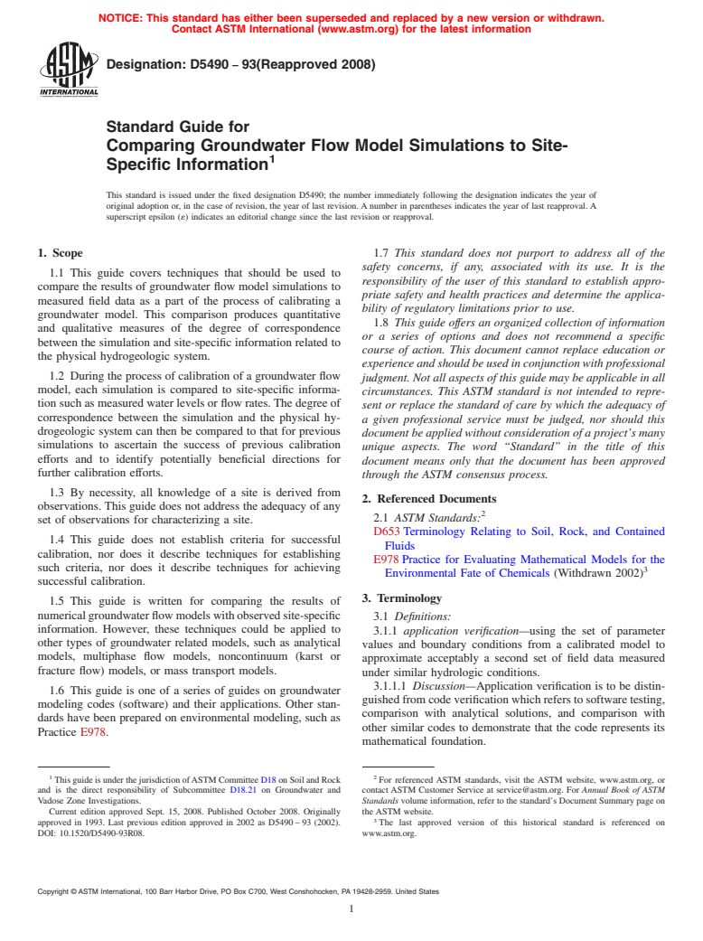 ASTM D5490-93(2008) - Standard Guide for Comparing Groundwater Flow Model Simulations to Site-Specific Information