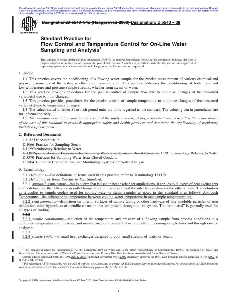 REDLINE ASTM D5540-08 - Standard Practice for Flow Control and Temperature Control for On-Line Water Sampling and Analysis