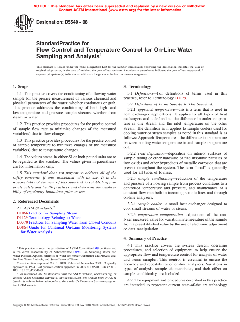 ASTM D5540-08 - Standard Practice for Flow Control and Temperature Control for On-Line Water Sampling and Analysis