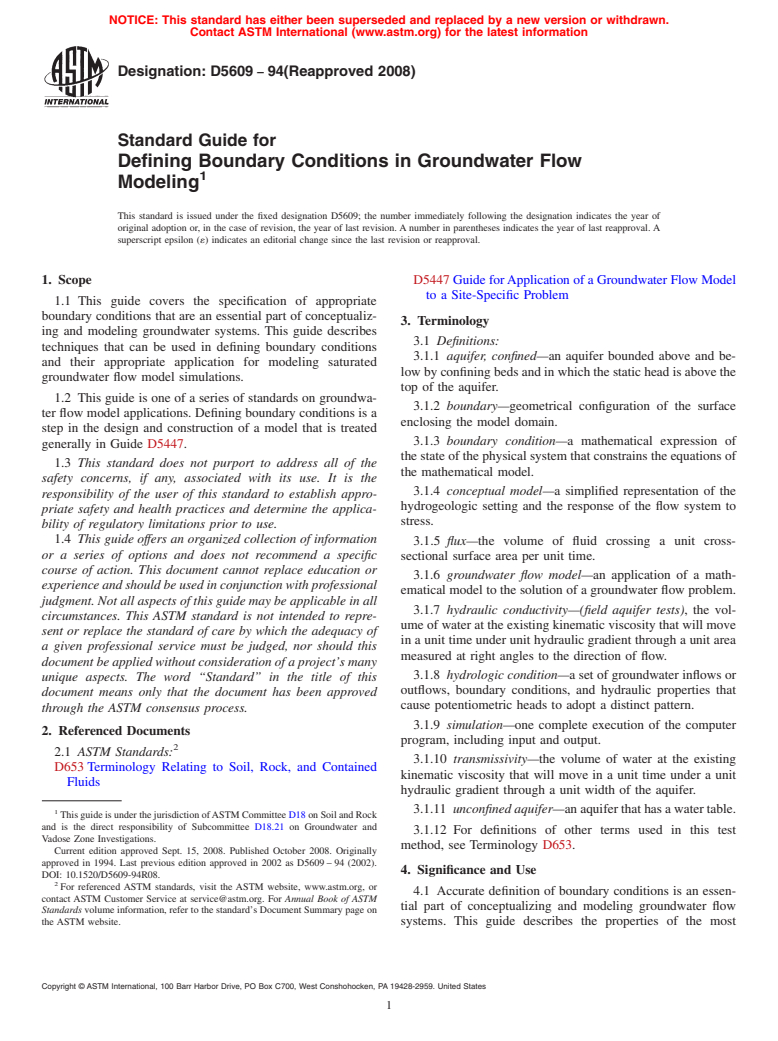 ASTM D5609-94(2008) - Standard Guide for Defining Boundary Conditions in Groundwater Flow Modeling