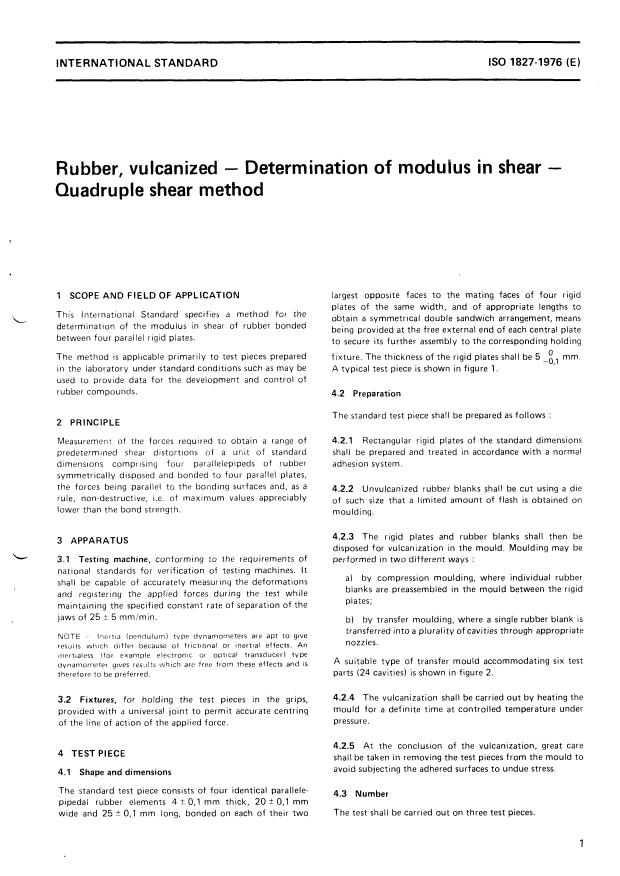 ISO 1827:1976 - Rubber, vulcanized -- Determination of modulus in shear -- Quadruple shear method