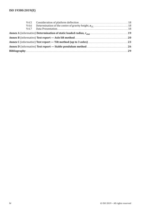 ISO 19380:2019 ISO 19380:2019 - Heavy commercial vehicles and buses -- Centre of gravity measurements -- Axle lift, tilt-table and stable pendulum test methods - Page 4 preview