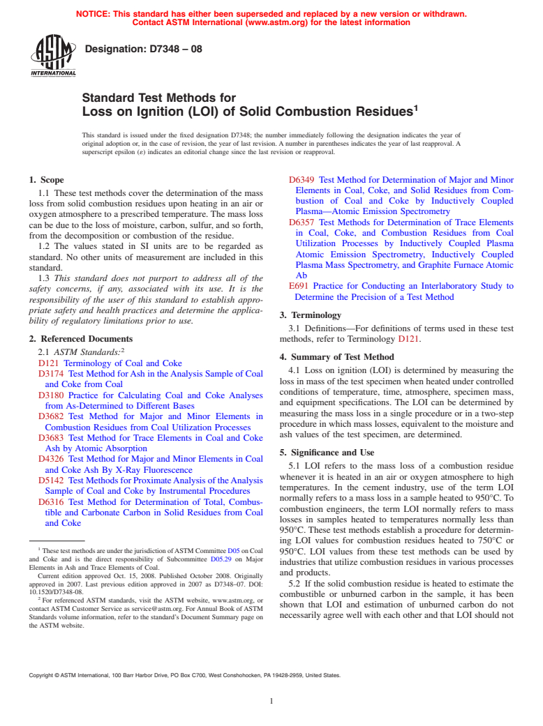 ASTM D7348-08 - Standard Test Methods for Loss on Ignition (LOI) of Solid Combustion Residues