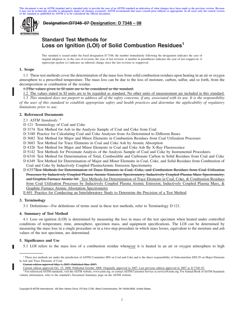 REDLINE ASTM D7348-08 - Standard Test Methods for Loss on Ignition (LOI) of Solid Combustion Residues