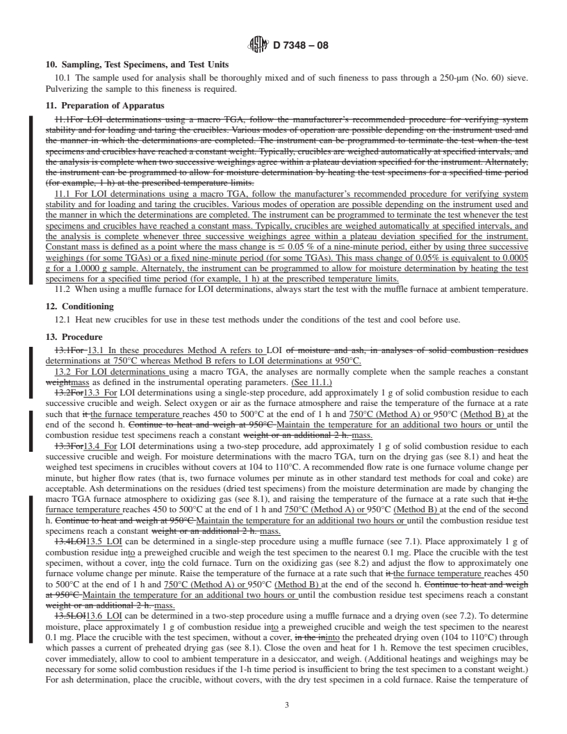 REDLINE ASTM D7348-08 - Standard Test Methods for Loss on Ignition (LOI) of Solid Combustion Residues