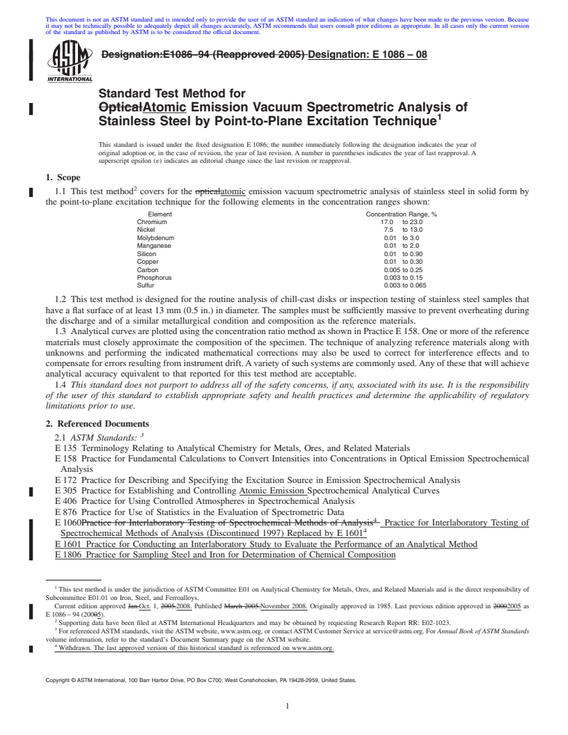 REDLINE ASTM E1086-08 - Standard Test Method for Optical Emission Vacuum Spectrometric Analysis of Stainless Steel by the Point-to-Plane Excitation Technique