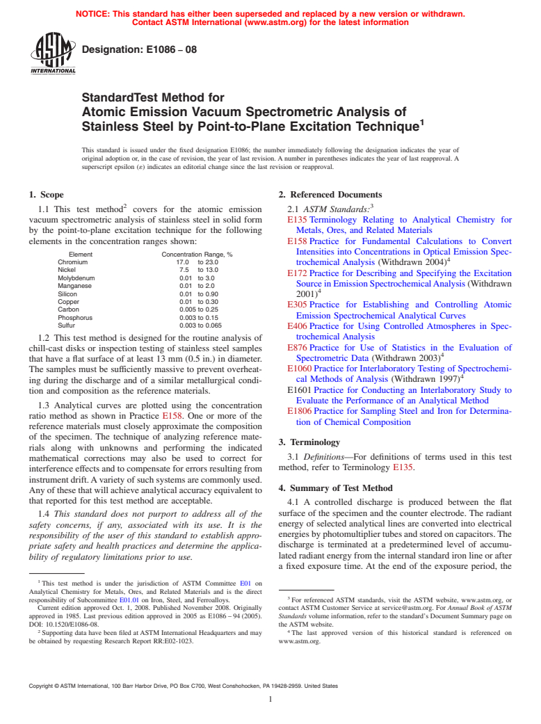 ASTM E1086-08 - Standard Test Method for Optical Emission Vacuum Spectrometric Analysis of Stainless Steel by the Point-to-Plane Excitation Technique