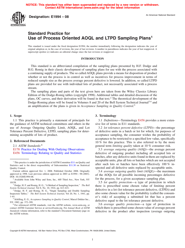 ASTM E1994-08 - Standard Practice for Use of Process Oriented AOQL and LTPD Sampling Plans