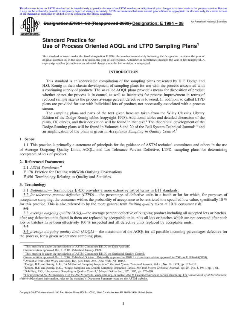 REDLINE ASTM E1994-08 - Standard Practice for Use of Process Oriented AOQL and LTPD Sampling Plans