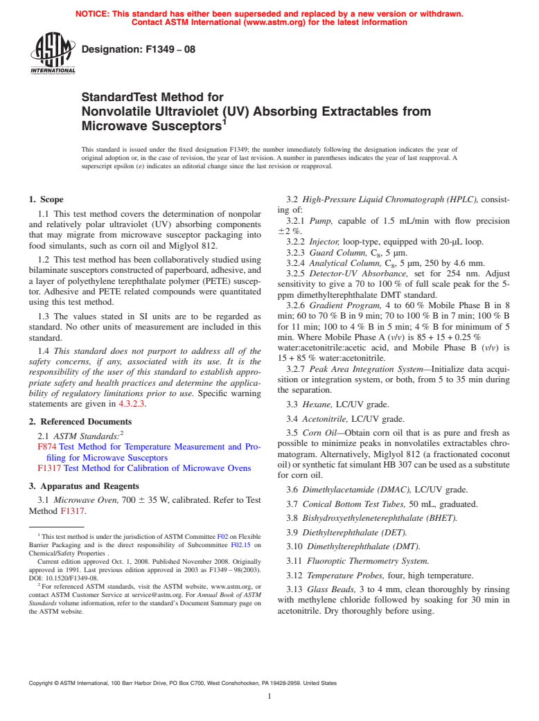 ASTM F1349-08 - Standard Test Method for Nonvolatile Ultraviolet (UV) Absorbing Extractables from Microwave Susceptors