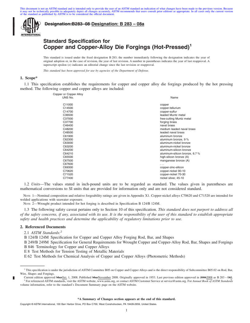 REDLINE ASTM B283-08a - Standard Specification for  Copper and Copper-Alloy Die Forgings (Hot-Pressed)