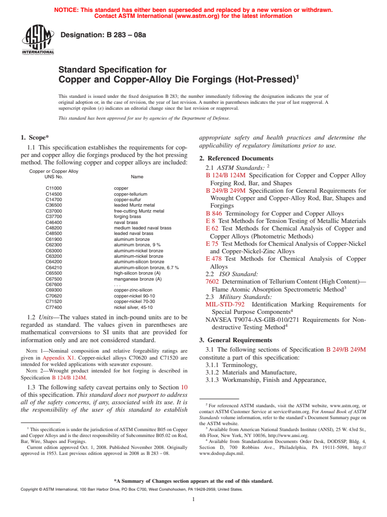 ASTM B283-08a - Standard Specification for  Copper and Copper-Alloy Die Forgings (Hot-Pressed)