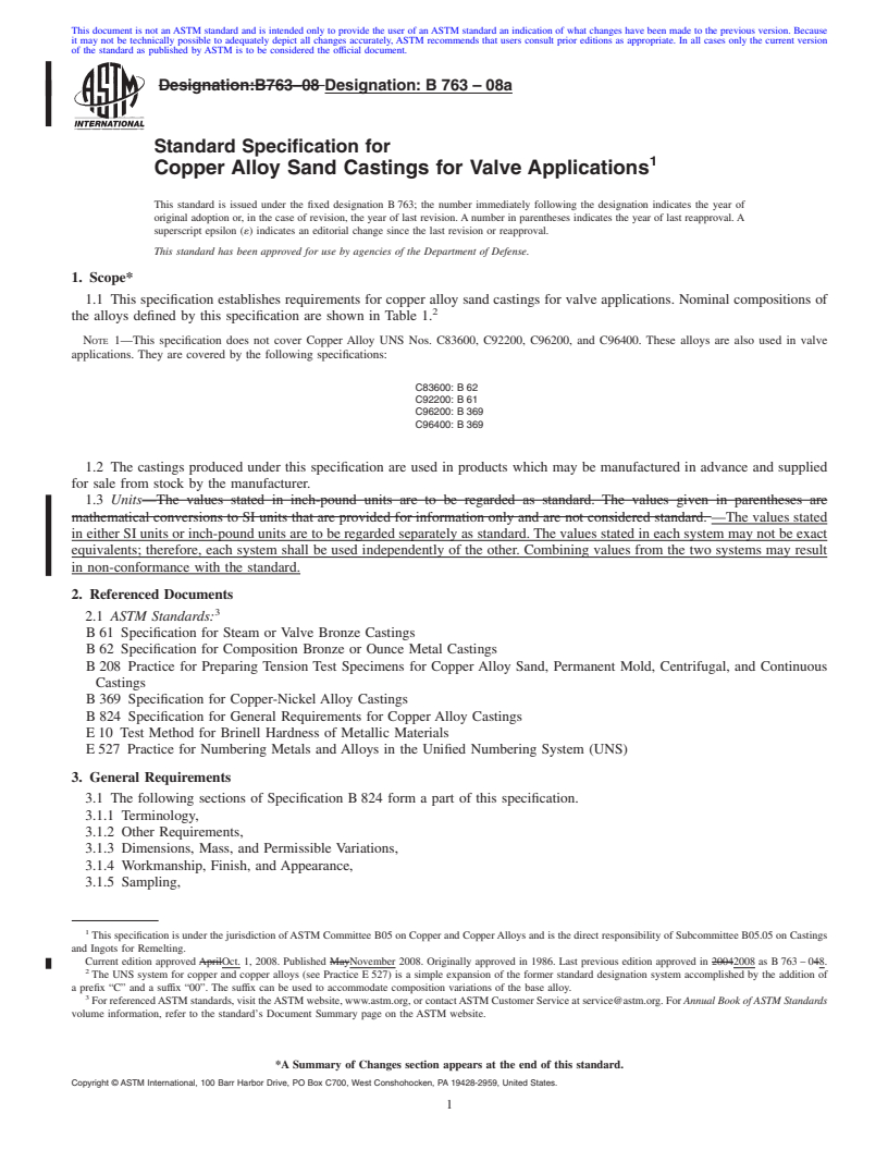 REDLINE ASTM B763-08a - Standard Specification for Copper Alloy Sand Castings for Valve Applications