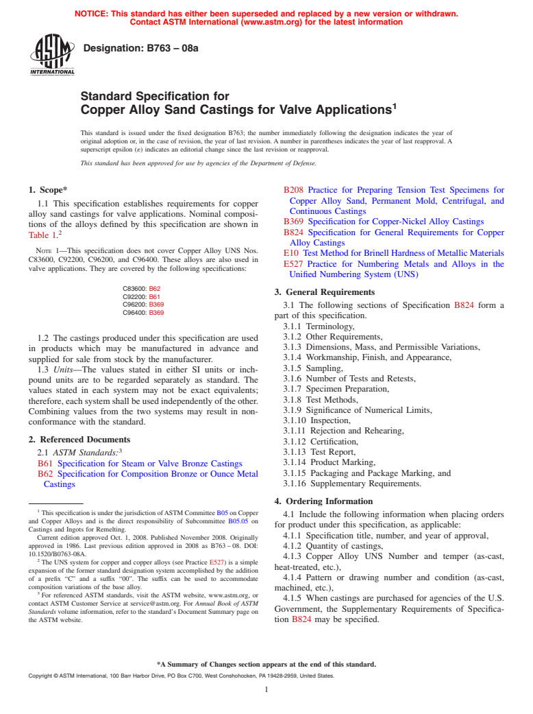 ASTM B763-08a - Standard Specification for Copper Alloy Sand Castings for Valve Applications