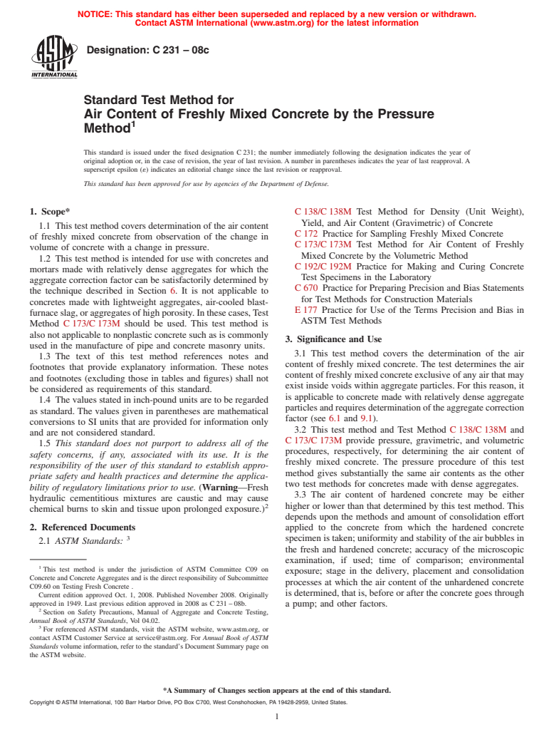 ASTM C231-08c - Standard Test Method for  Air Content of Freshly Mixed Concrete by the Pressure Method