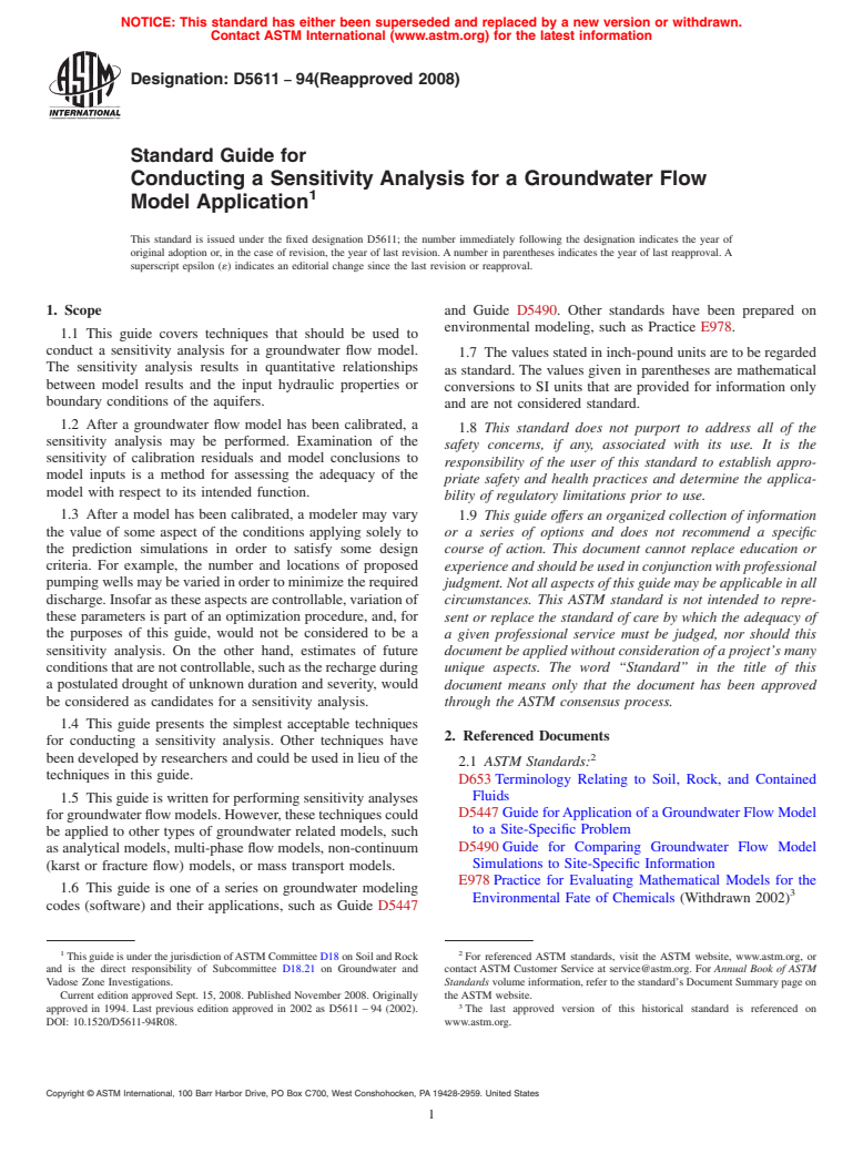 ASTM D5611-94(2008) - Standard Guide for Conducting a Sensitivity Analysis for a Groundwater Flow Model Application