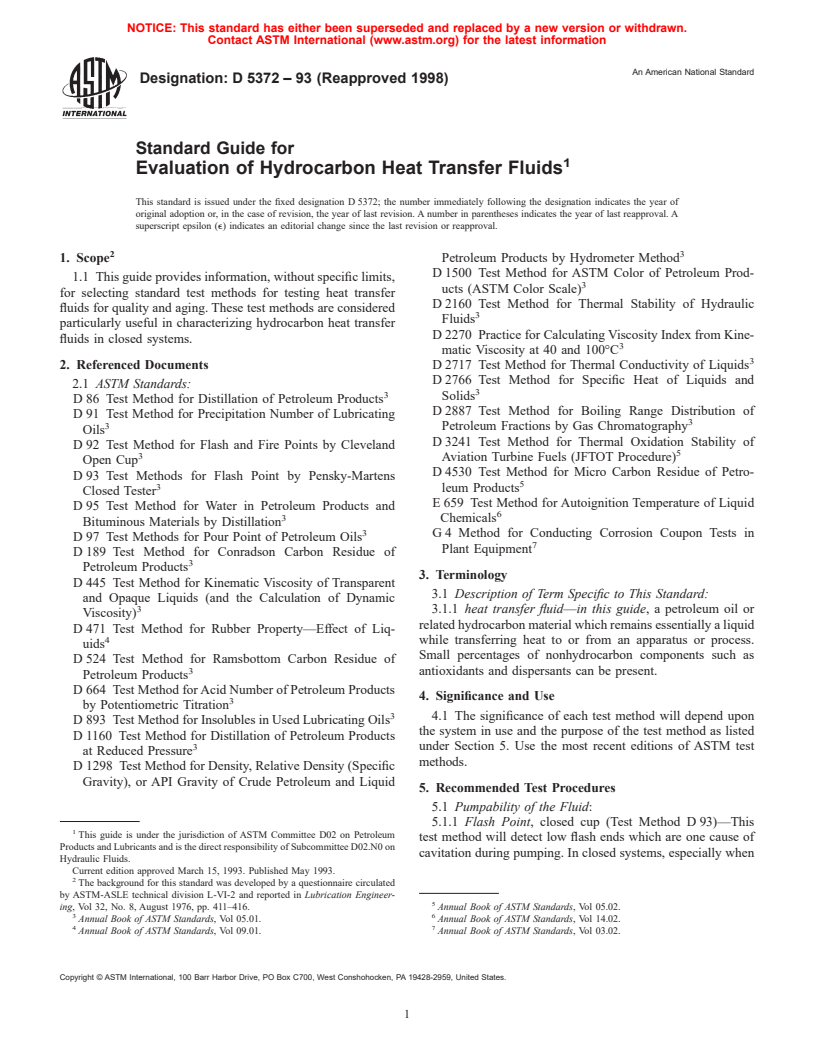 ASTM D5372-93(1998) - Standard Guide for Evaluation of Hydrocarbon Heat Transfer Fluids