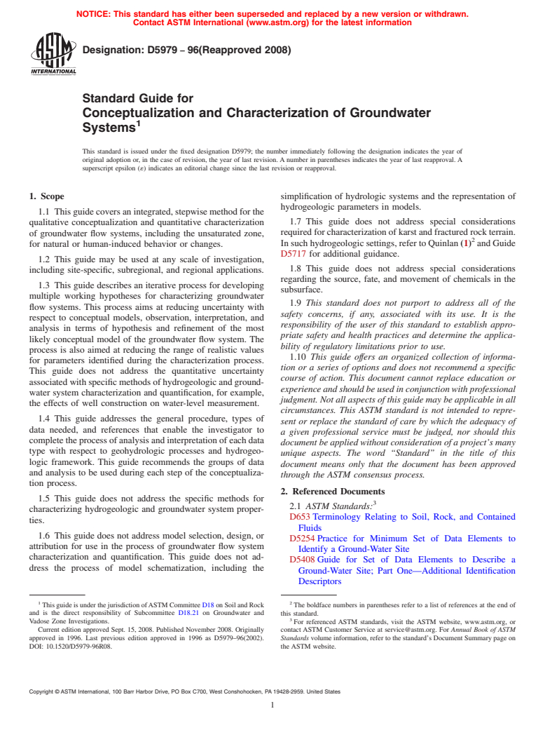 ASTM D5979-96(2008) - Standard Guide for Conceptualization and Characterization of Groundwater Systems