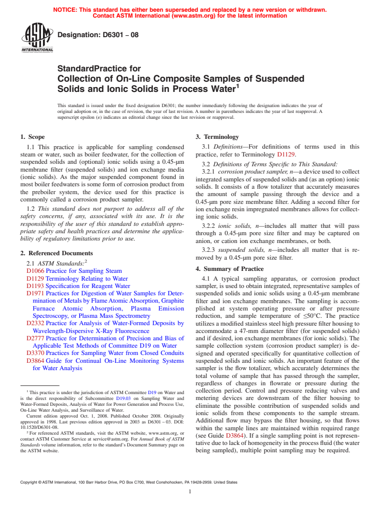 ASTM D6301-08 - Standard Practice for  Collection of On-Line Composite Samples of Suspended Solids and Ionic Solids in Process Water