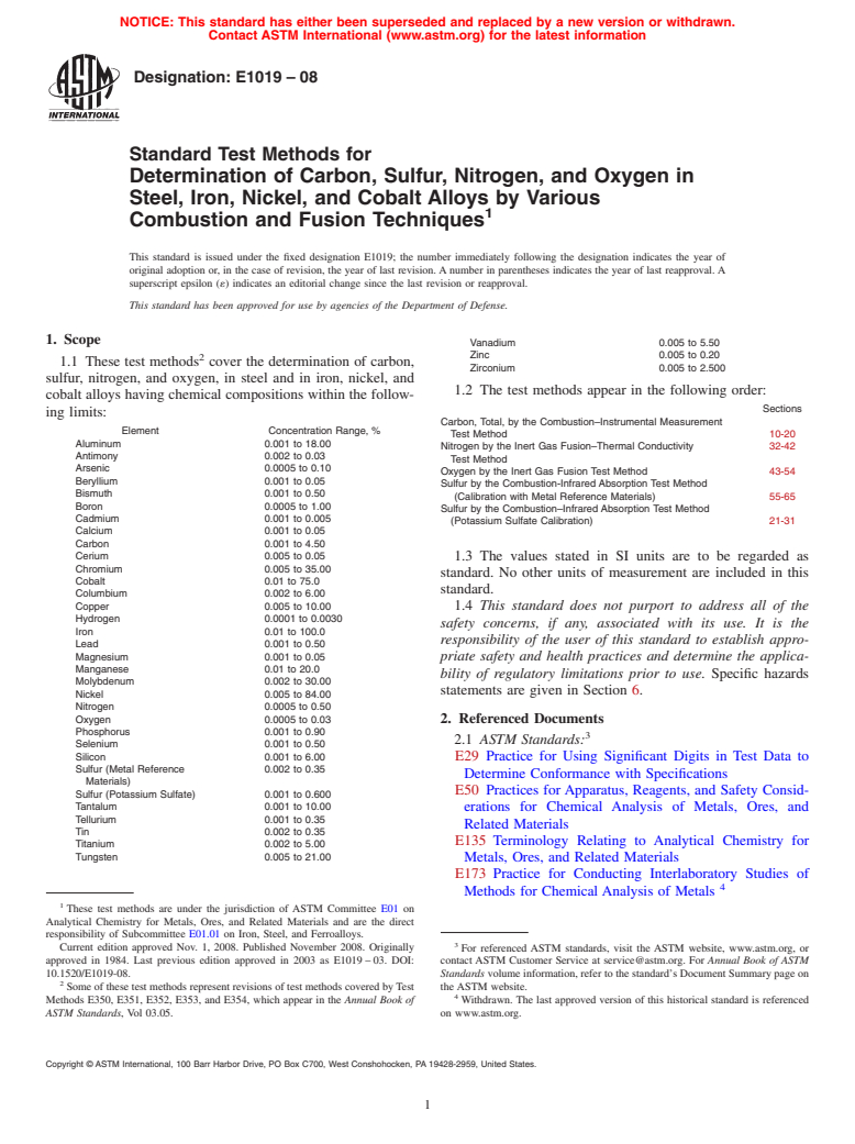 ASTM E1019-08 - Standard Test Methods for  Determination of Carbon, Sulfur, Nitrogen, and Oxygen in Steel, Iron, Nickel, and Cobalt Alloys by Various Combustion and Fusion Techniques