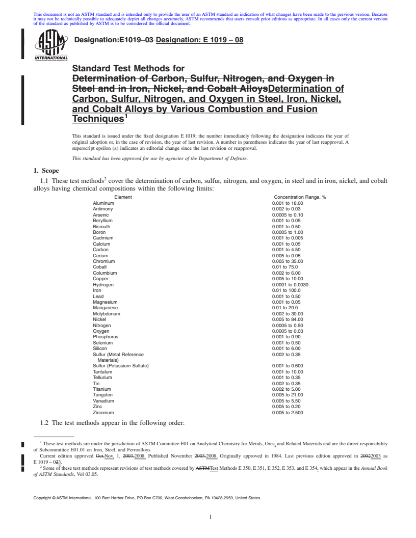 REDLINE ASTM E1019-08 - Standard Test Methods for  Determination of Carbon, Sulfur, Nitrogen, and Oxygen in Steel, Iron, Nickel, and Cobalt Alloys by Various Combustion and Fusion Techniques