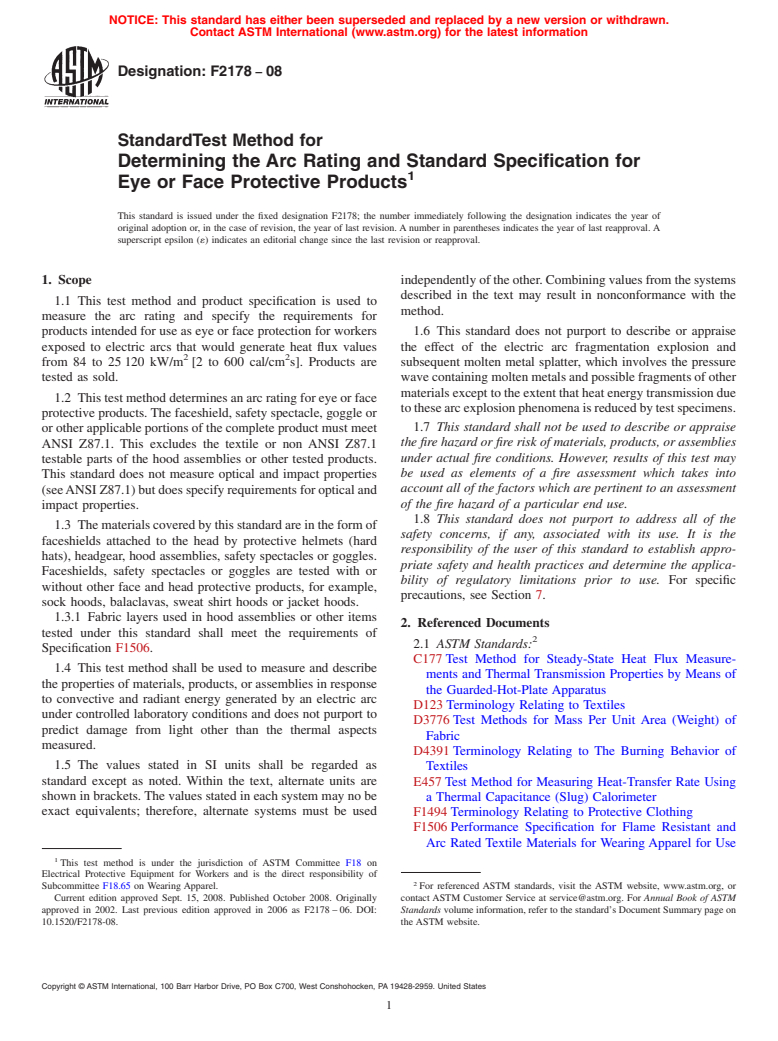 ASTM F2178-08 - Standard Test Method for Determining the Arc Rating and Standard Specification for Face Protective Products