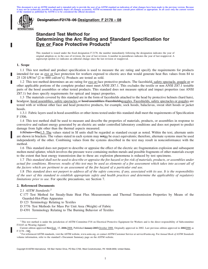 REDLINE ASTM F2178-08 - Standard Test Method for Determining the Arc Rating and Standard Specification for Face Protective Products