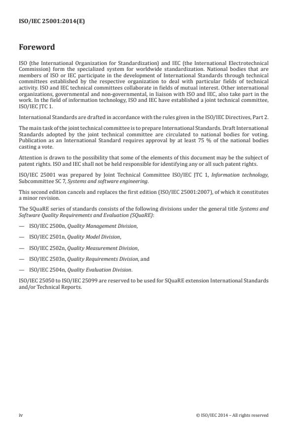 ISO/IEC 25001:2014 ISO/IEC 25001:2014 - Systems and software engineering -- Systems and software Quality Requirements and Evaluation (SQuaRE) -- Planning and management - Page 4 preview