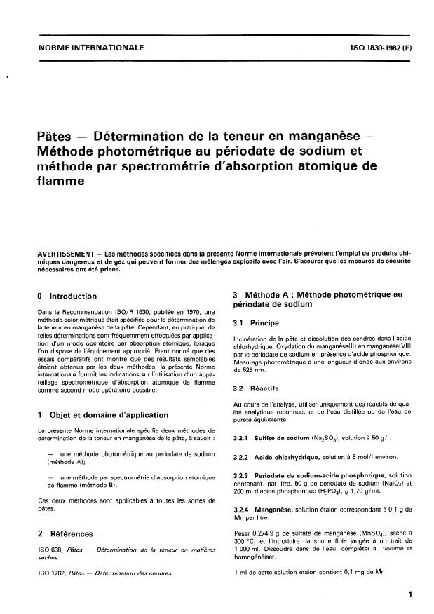 ISO 1830:1982 - Pâtes -- Détermination de la teneur en manganese -- Méthode photométrique au périodate de sodium et méthode par spectrométrie d'absorption atomique de flamme