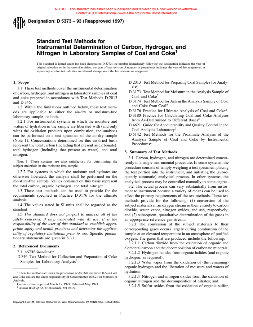 ASTM D5373-93(1997) - Standard Test Methods for Instrumental Determination of Carbon, Hydrogen, and Nitrogen in Laboratory Samples of Coal and Coke