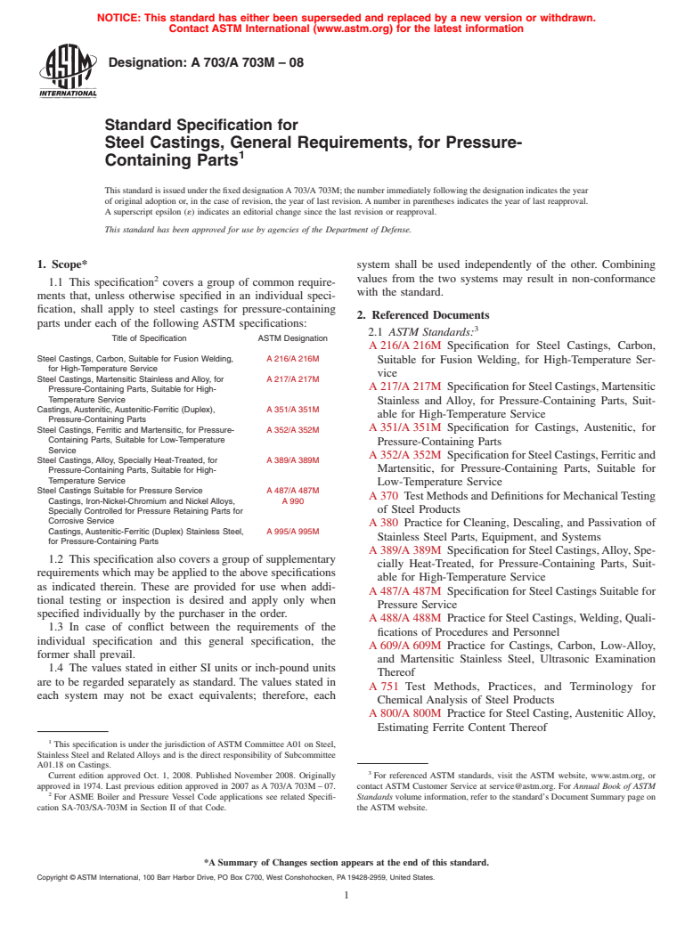 ASTM A703/A703M-08 - Standard Specification for Steel Castings, General Requirements, for Pressure-Containing Parts