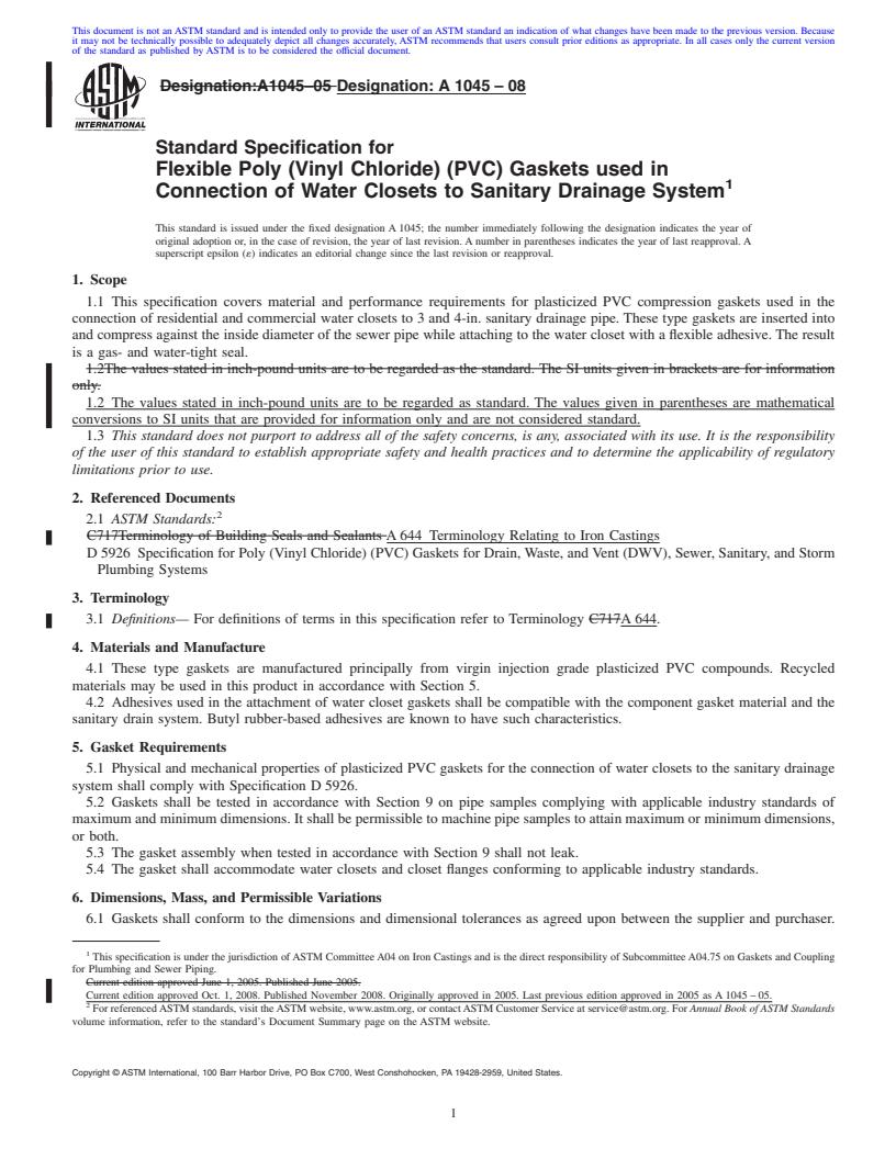 REDLINE ASTM A1045-08 - Standard Specification for Flexible Poly (Vinyl Chloride) (PVC) Gaskets used in Connection of Water Closets to Sanitary Drainage System