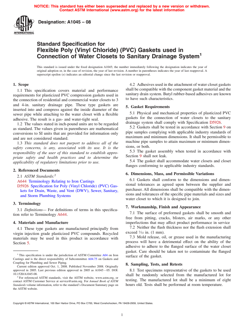 ASTM A1045-08 - Standard Specification for Flexible Poly (Vinyl Chloride) (PVC) Gaskets used in Connection of Water Closets to Sanitary Drainage System