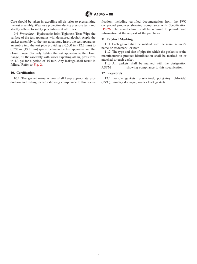ASTM A1045-08 - Standard Specification for Flexible Poly (Vinyl Chloride) (PVC) Gaskets used in Connection of Water Closets to Sanitary Drainage System