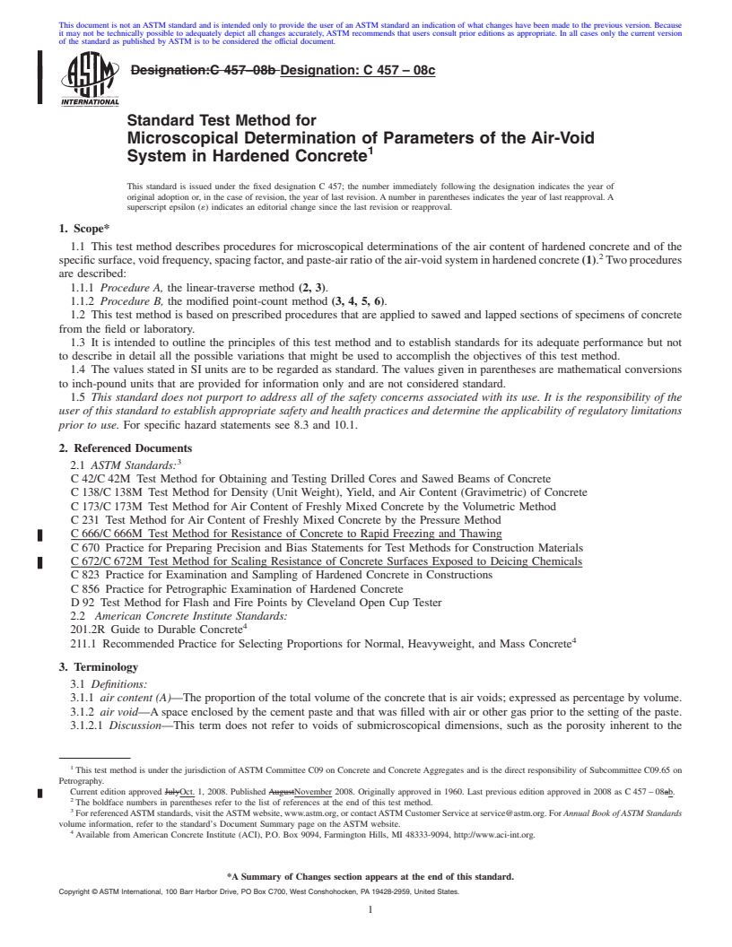 REDLINE ASTM C457-08c - Standard Test Method for Microscopical Determination of Parameters of the Air-Void System in Hardened Concrete